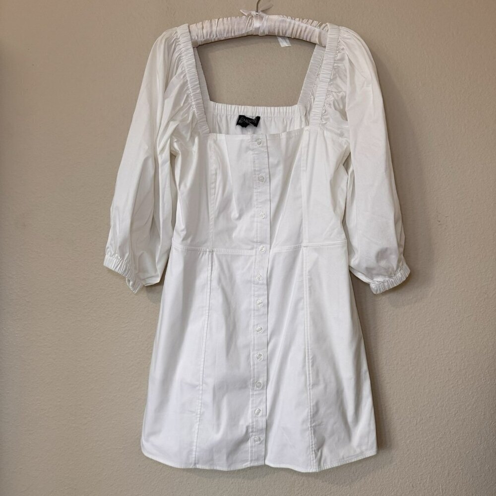 Danielle Bernstein Dress Womens 12 White Puff Sleeve Mini Square Neck Pockets